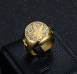 Gold Plated Marijuana Leaf Ring | Iced-Out