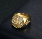 Gold Plated Marijuana Leaf Ring | Iced-Out