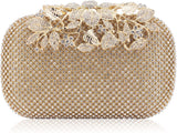 Gold Rhinestone Evening Clutch with Floral Leaf Design