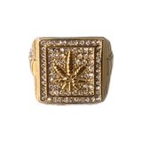 Men's Iced Out Ring with Marijuana Leaf- Gold Plated