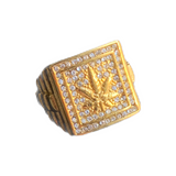 Men's Iced Out Ring with Marijuana Leaf- Gold Plated