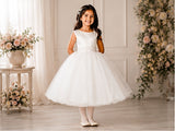 Girls Satin and Tulle Dress With Lace Applique Waistline - Tea Length