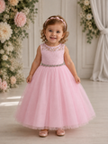 Girls Lace and Tulle Illusion Neckline Dress With Jewelled Belt | Special Occasion Dress