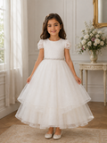 Girls Lace Flower Girl Dress - Elegant Long Tulle Communion and Special Occasion Gown