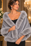 Elegant Light Grey Faux Fur Evening Shawl - Timeless Luxury & Glamour