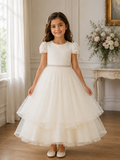 Girls Lace Flower Girl Dress - Elegant Long Tulle Communion and Special Occasion Gown