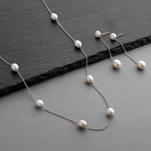 Floating Pearl Necklace and Earrings Set on Thin Link Chain | Freshwater Pearls