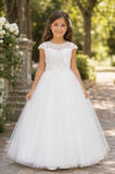 Illusion Neckline Dress With Sleeves and 3D Flower Applique Bodice