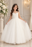 Girls Flower Girl Dress With Pearls - Elegant Tull Dress