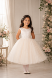 Girls Satin and Tulle Dress With Lace Applique Waistline - Tea Length