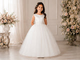 Girls Satin and Tulle Dress With Lace Applique Waistline - Full Length