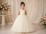 Girls Satin and Tulle Dress With Lace Applique Waistline - Full Length