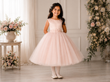 Girls Satin and Tulle Dress With Lace Applique Waistline - Tea Length
