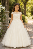Illusion Neckline Dress With Sleeves and 3D Flower Applique Bodice