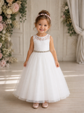 Girls Lace and Tulle Illusion Neckline Dress With Jewelled Belt | Special Occasion Dress