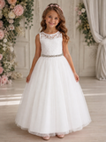 Girls Lace and Tulle Illusion Neckline Dress With Jewelled Belt | Special Occasion Dress