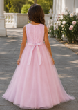 Girls Lace and Tulle Illusion Neckline Dress With Jewelled Belt | Special Occasion Dress