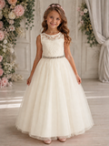 Girls Lace and Tulle Illusion Neckline Dress With Jewelled Belt | Special Occasion Dress