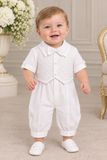 Baby Boy White Christening Romper Set with Vest & Bow Tie | Formal Baptism Outfit