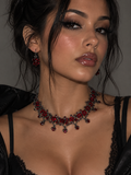 Red Crystal Gothic Floral Choker Necklace and Matching Earrings Set