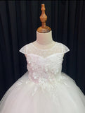 Illusion Neckline Dress With Sleeves and 3D Flower Applique Bodice