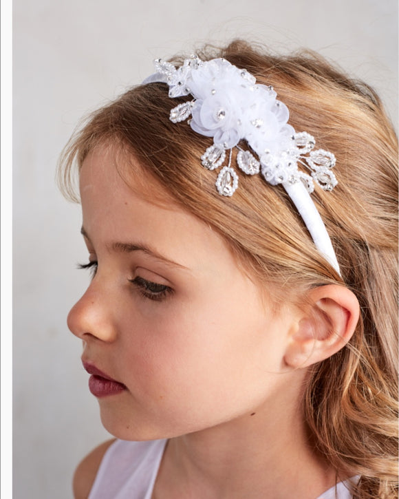 Satin Wrapped Headband With Organza Flowers | Communion Headband | Flower Girl Headband | Christening Headband