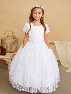 Short Sleeve 3D Floral Overlay Dress With a Rhinestone Sash | Communion | Flower Girl | Christening | Confirmation