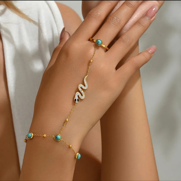 Simple Snake Ring Bracelet With Turquoise |Stainless Steel 18 K Gold Plated