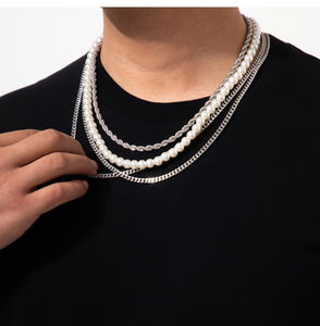 Mens Iron Plating Layered Necklaces With Artificial Pearls