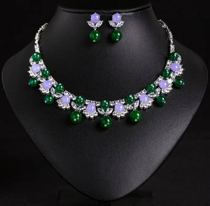 Emerald Bloom Crystal Necklace and Earrings Set