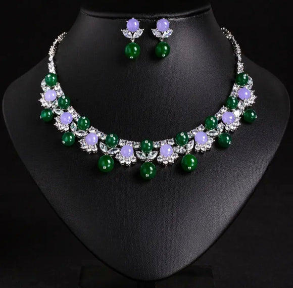 Emerald Bloom Crystal Necklace and Earrings Set