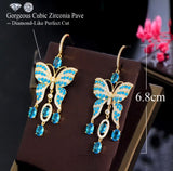 Blue Butterfly Dangle Earrings With Cubic Zirconia Pavé