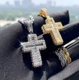 Divine Ice Cross Pendant Necklace – Baguette &amp; Pavé CZ Statement Chain (Gold or Silver)