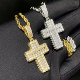 Divine Ice Cross Pendant Necklace – Baguette &amp; Pavé CZ Statement Chain (Gold or Silver)