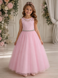 Girls Lace and Tulle Illusion Neckline Dress With Jewelled Belt | Special Occasion Dress