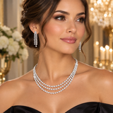 Triple Strand Crystal Statement Necklace and Earrings Set