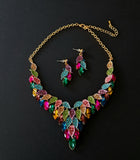 Multi-Coloired Necklace Set with Hand Painted Leaves, Crystal Glass | Party | Wedding | Prom |