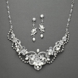 Glistening Pearl Wedding  Necklace + Earring Set | Silver