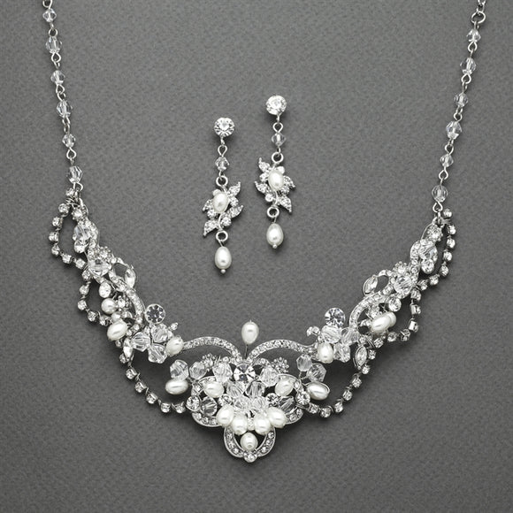 Glistening Pearl Wedding  Necklace + Earring Set | Silver
