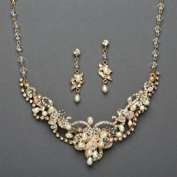 Glistening Pearl Wedding Necklace + Earring Set | Gold