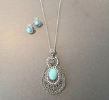 Turquoise Stone Necklace and Earring Set in Antique Silver