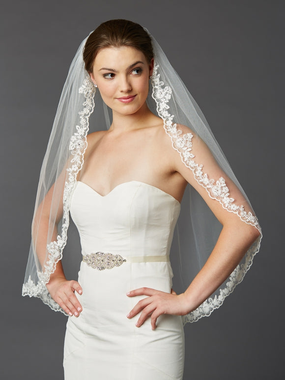 Mantilla Veil with Crystal Beads and Scalloped Lace Edge | Fingertip Length