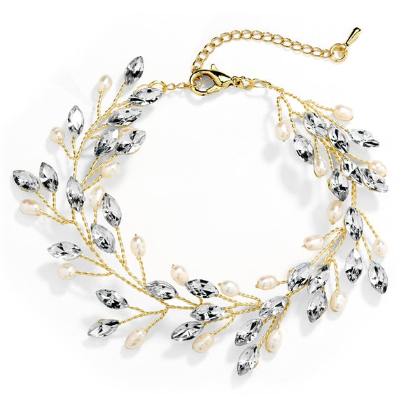 Gold Vine Bracelet with Marquis Crystals and Freshwater Pearls