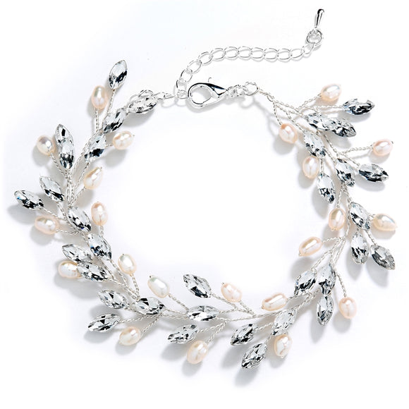 Silver Vine Bracelet with Marquis Crystals and Freshwater Pearls