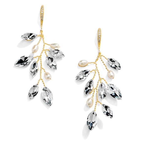 Gold Vine Earrings with Marquis Crystals and Freshwater Pearls