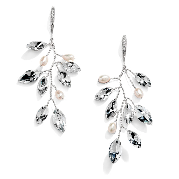 Silver Vine Earrings with Marquis Crystals and Freshwater Pearls