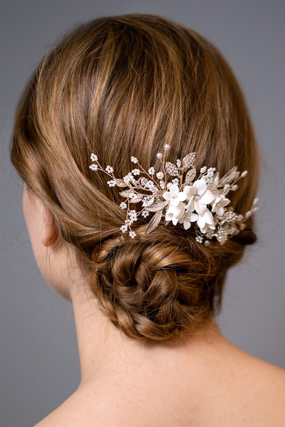 Rose Gold Hair Comb with Crystal and Pearl Sprays White Resin Flowers