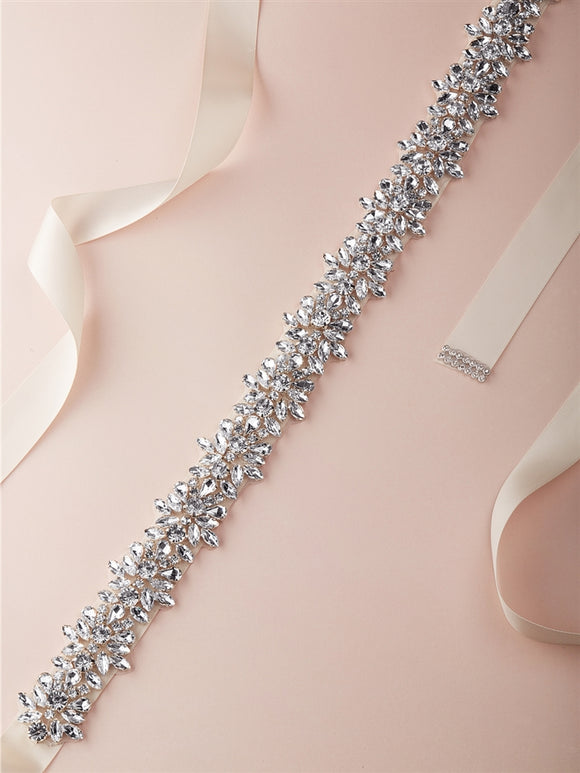 Sparkling Bridal Belt with Jeweled Clusters | Ivory Ribbon