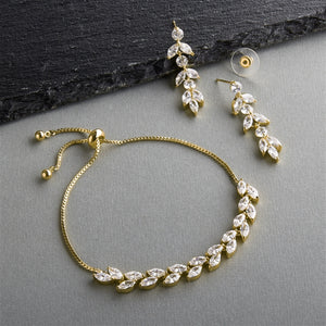 Bridal Bracelet and Dangle Earring Set | Cubic Zirconia | Gold Plated