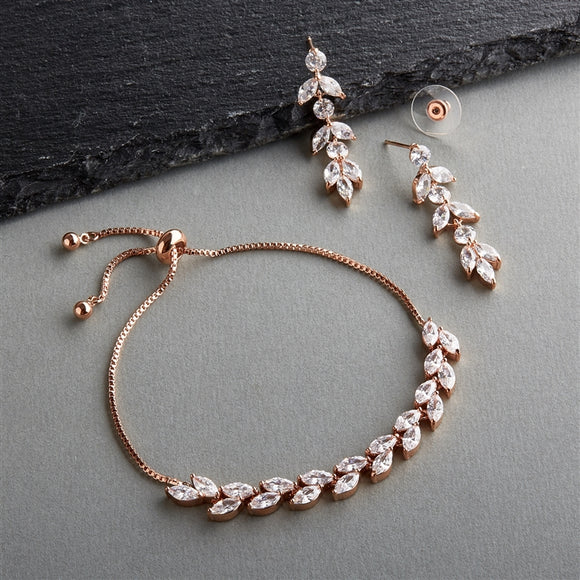 Bridal Bracelet and Dangle Earring Set in Rose Gold | Cubic Zirconia